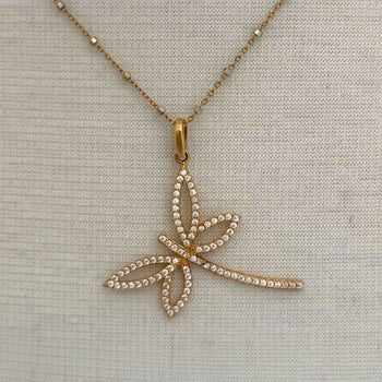 Necklace 14k solid gold rose and white. Dragonfly